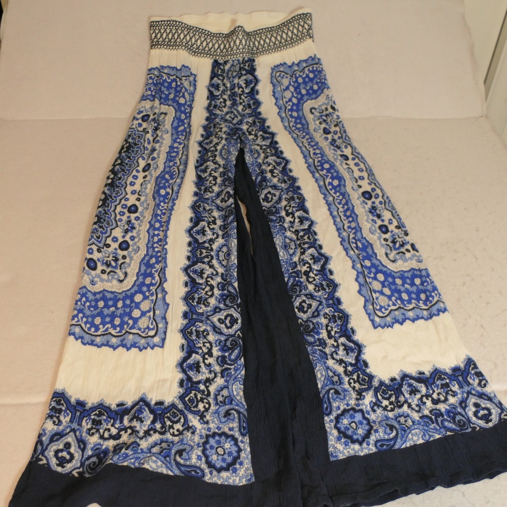 MADE for Impulse Womens Palazzo Pants L Blue White Paisley Boho Smocked Coastal